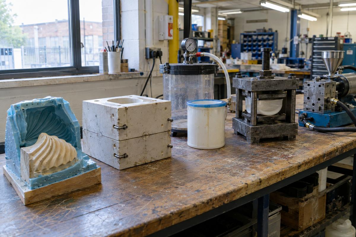 Five moulding methods displayed in sequence on a workshop bench
