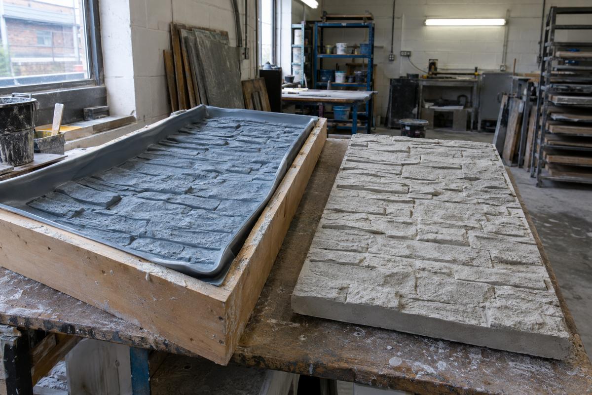 Silicone formliner beside a textured precast concrete test panel